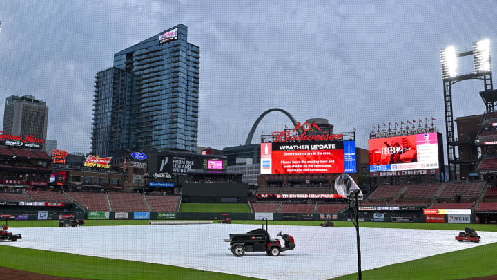 May 8, 2024; St. Louis, Missouri, USA;  A general view of the tarp on the field as storms move through the St. Louis region delaying a game between the St. Louis Cardinals and the New York Mets at Busch Stadium. Mandatory Credit: Jeff Curry-USA TODAY Sports