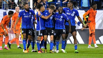 Oct 4, 2023; Montreal, Quebec, CAN; CF Montreal midfielder Lassi Lappalainen (21) celebrates with teammates after scoring during the second half against the Houston Dynamo at Stade Saputo. Mandatory Credit: Eric Bolte-USA TODAY Sports